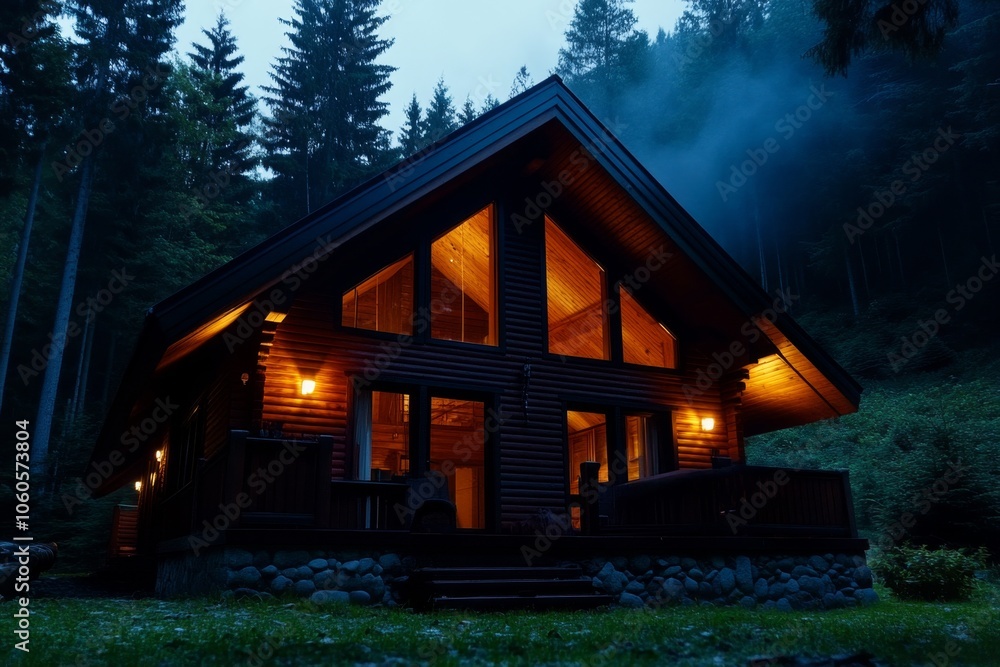 Poster abandoned cabin in the woods with broken windows and dim light, surrounded by mist, capturing the is