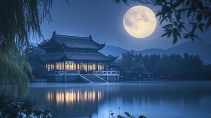 Obraz premium Serene night view of a traditional building reflecting on water under a full moon.