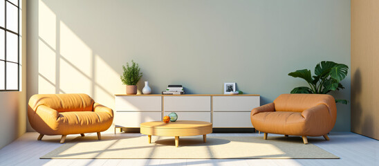 minimalist living room with two armchairs a wooden coffee table