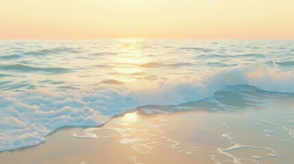 Fototapeta premium As the sun sets on the horizon, warm golden hues illuminate the tranquil waves gently lapping the sandy shore. The peaceful ambiance invites a moment of serene reflection.