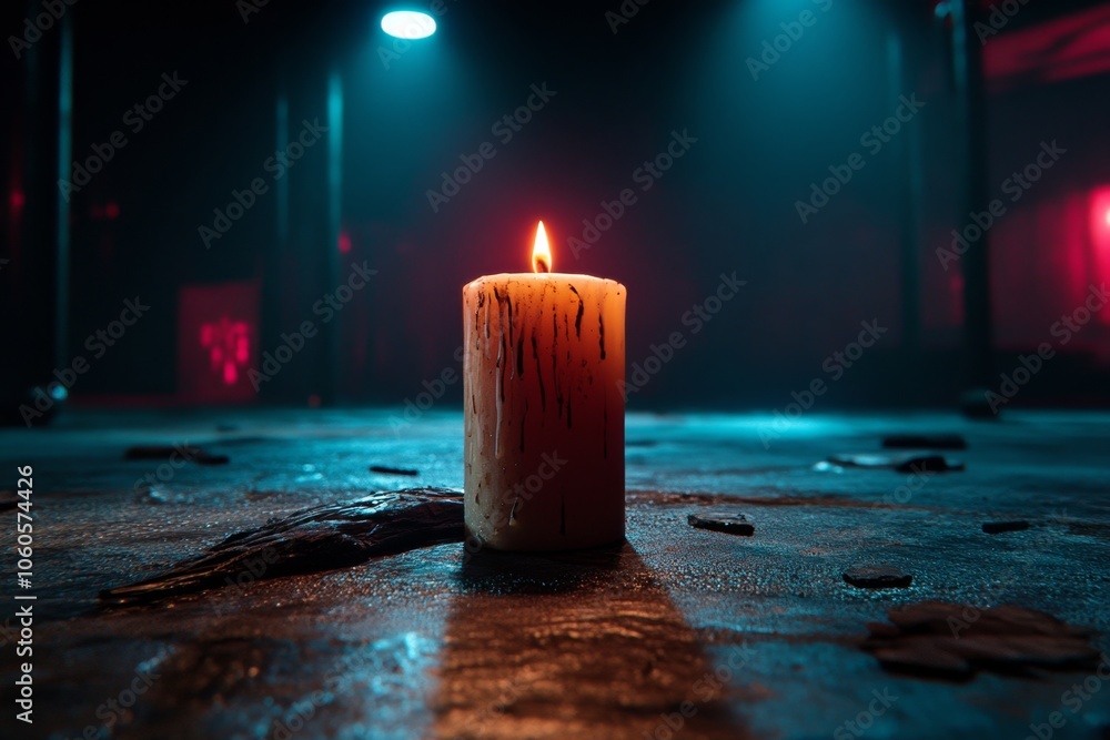 Poster close-up of a flickering candle in a dark room with shadows shifting, capturing the intense contrast