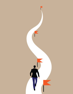 Business Man Goes towards a Goal with Flag Markers on the Way. Office workers achieving success and goals vector art