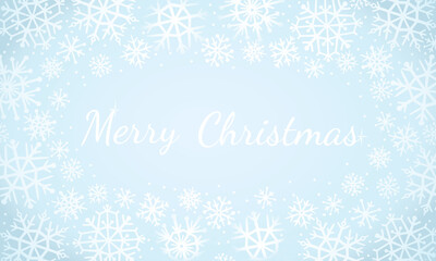 Festive Christmas banner with snowflakes on a blue background. Vector horizontal drawing with congratulatory text.