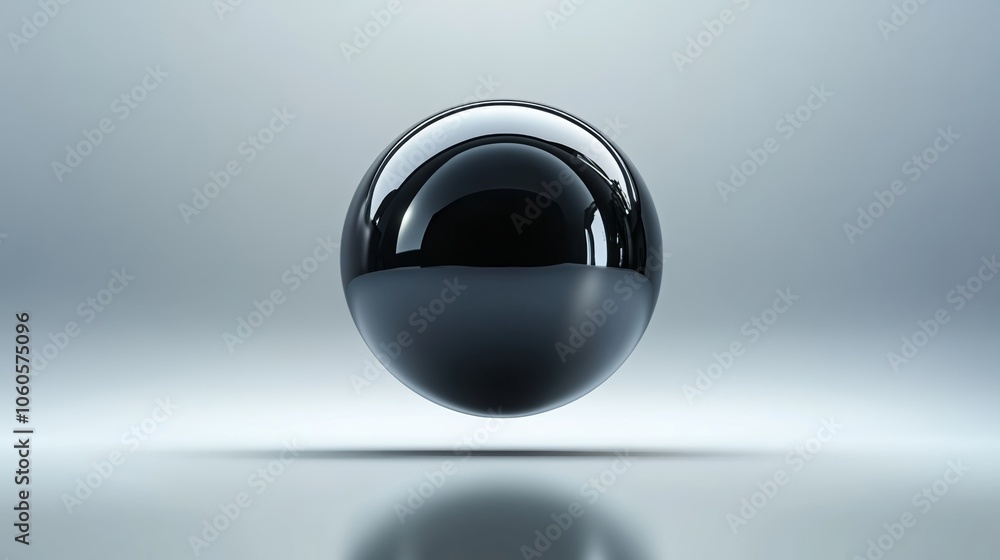 Poster simple, shiny metallic sphere floating on a smooth, gray gradient background, with a soft shadow cas