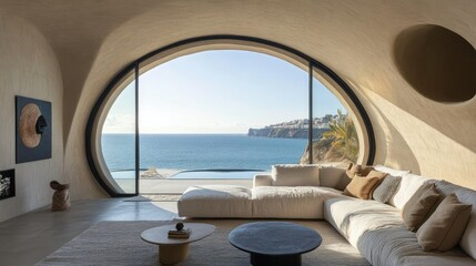 Obraz premium Elegant living room with circular window and panoramic coastal view