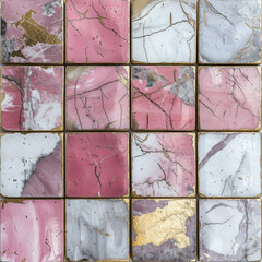 Elegant pink and white marble tiles with gold leaf accents create stunning visual effect. intricate textures and patterns add luxurious touch to any space