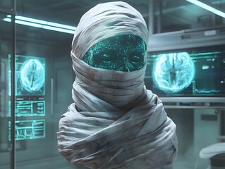 Mummified Pharaoh Enveloped by Holographic Projections in Futuristic Medical Diagnostic Suite