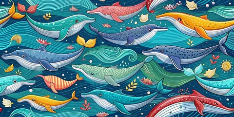 Hand-Drawn Seamless Pattern of Whales Swimming in a Serene Ocean - Perfect for Fabric, Wallpaper, and Home Décor Designs