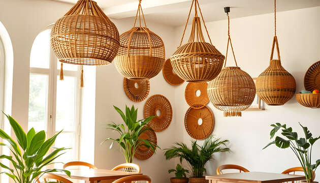 Cafe Interior decorated with hanging African binga baskets isolated with white highlights, png