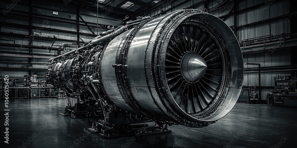 Aufkleber closeup of a large jet engine in a factory setting