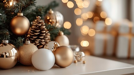 Golden Christmas Decorations on Table by Tree	