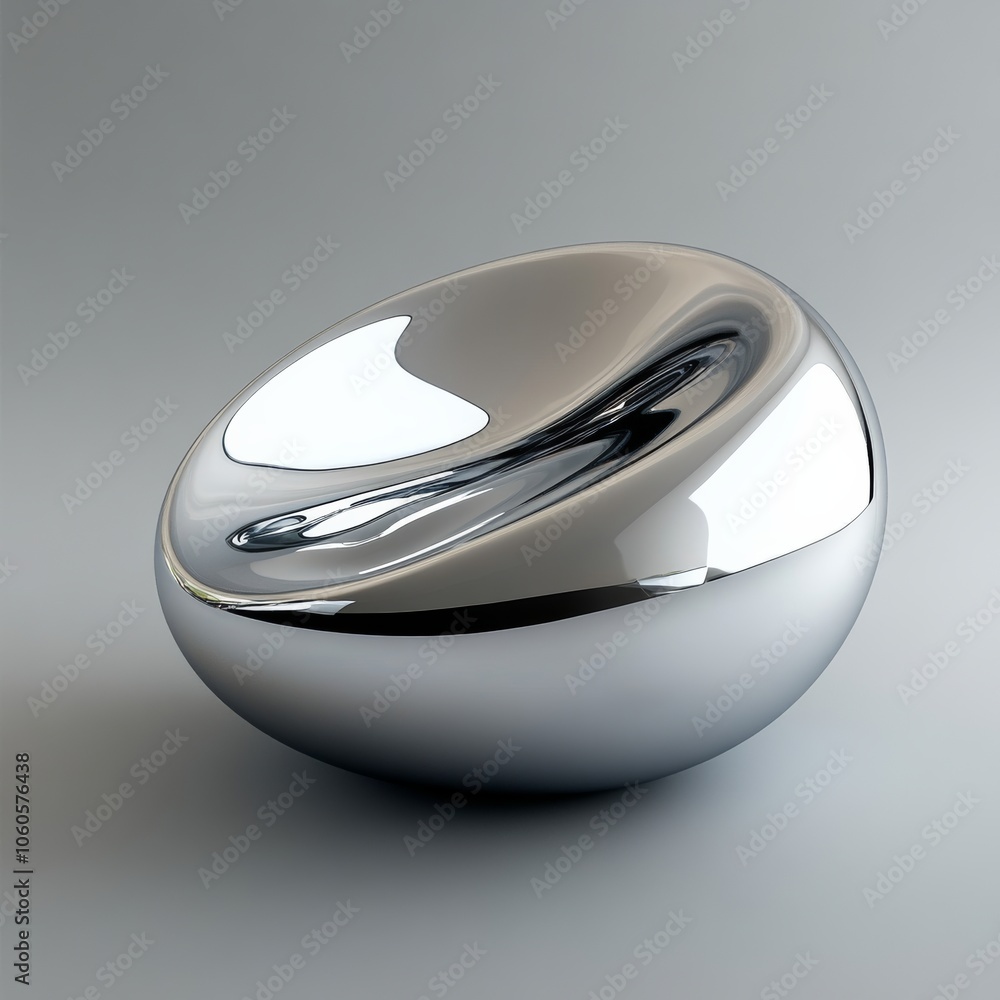 Poster smooth, rounded chrome-like shape with reflective highlights, set against a soft gradient gray backg