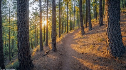 Obraz premium Hiking Trail Through Pine Forest with Sunlight and Fresh Pine Smell