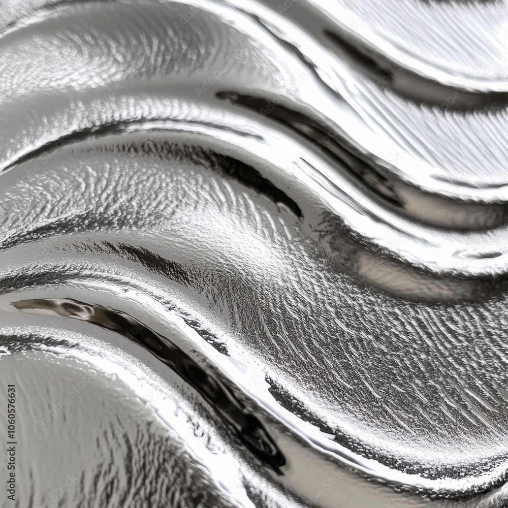 Poster textured metallic silver surface with a shimmering wave pattern, set on a plain gray background for 