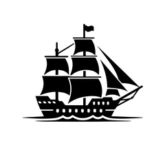 Vintage Sailing Ship Silhouette Vector on Waves - Nautical Icon for Marine and Adventure Themes