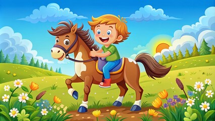 Obraz premium Happy Cartoon Boy Riding Horse in a Vibrant Landscape - Joyful Animal Bonding, Whimsical Illustration for Children’s Books, Family-Friendly Art, Playful Outdoor Adventures