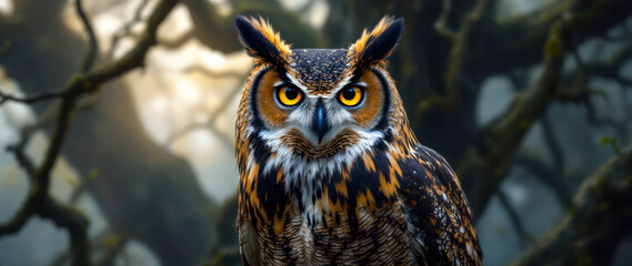 Fototapeta premium brown white black owl with bright yellow eyes stares directly into the camera