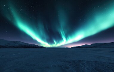 Stunning aurora borealis illuminates the night sky over a snowy landscape.