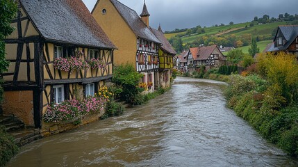 Naklejka premium Charming Village by a Winding River with Half-Timbered Houses and Green Hills