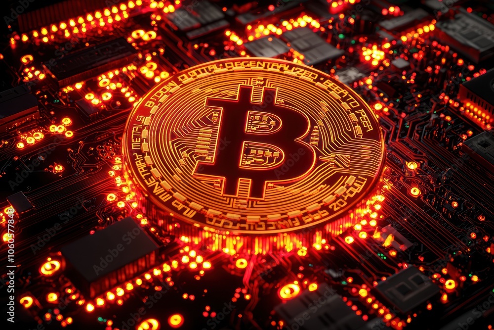Poster Illuminated Bitcoin Coin on a Circuit Board