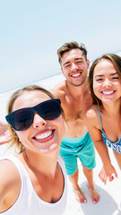Obraz premium three friends take a sunny selfie on the beach