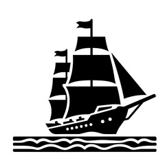 Vintage Sailing Ship Silhouette Vector on Waves - Nautical Icon for Marine and Adventure Themes