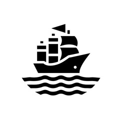 Vintage Sailing Ship Silhouette Vector on Waves - Nautical Icon for Marine and Adventure Themes