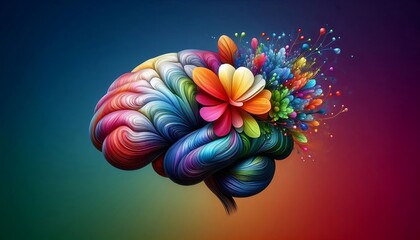 Abstract Concept of a human brain full with creativity, shows multiple colors and action
