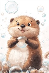 Fototapeta premium A playful otter bubbles with joy as it holds a transparent sphere amidst floating soap bubbles in a whimsical scene