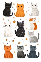 Playful cats gather among stars in a whimsical display of feline charm and joyful companionship