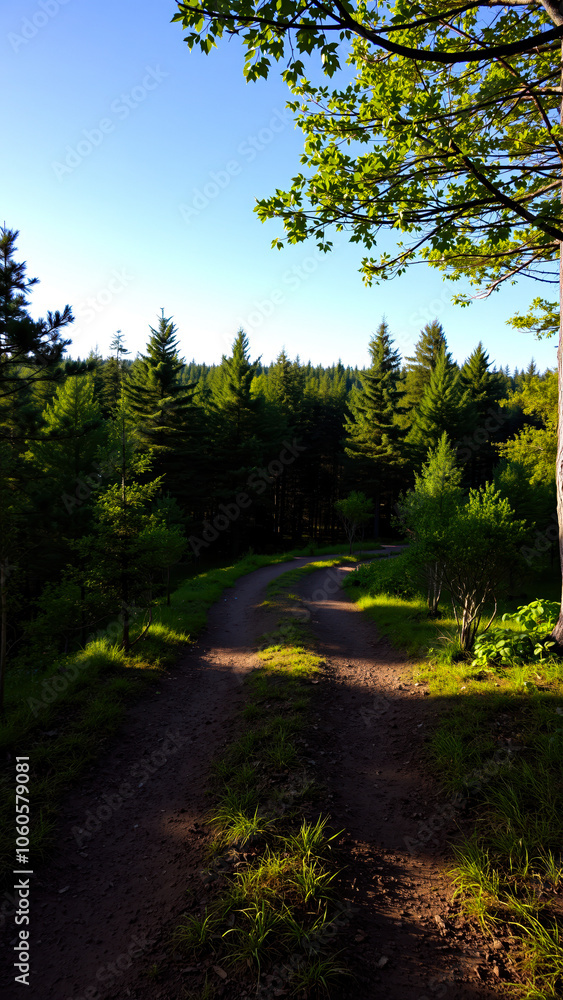 Poster sun-dappled path through a forest