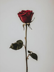A single red rose with green leaves against a light background, symbolizing love and beauty.