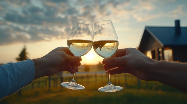  Dos personas brindando con copas de vino blanco al atardecer, con un fondo de campo y casa de campo. La imagen evoca una atm&oacute;sfera rom&aacute;ntica y relajante, perfecta para celebraciones al aire libre.

