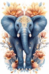 Obraz premium A majestic blue elephant surrounded by floral patterns symbolizes strength and serenity in nature's embrace