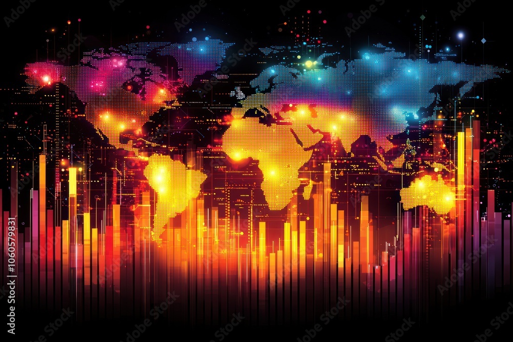 Poster abstract world map with digital and financial data