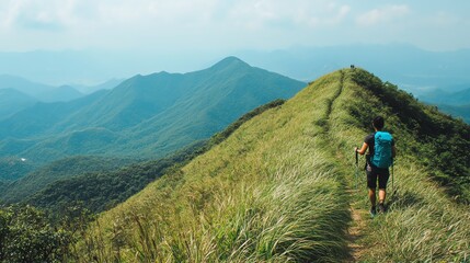 Obraz premium A hiker trekking along a scenic mountain ridge surrounded by lush green hills and panoramic views.
