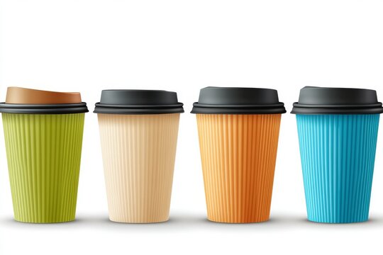   Cuatro vasos de caf&eacute; para llevar en diferentes colores, alineados sobre fondo blanco. Esta imagen resalta la variedad y el estilo en los recipientes de bebidas modernas.

