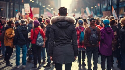 A figure stands at the forefront of a vibrant crowd, engaged in a passionate protest. Surrounded by banners and diverse voices, this scene encapsulates the spirit of activism and social change
