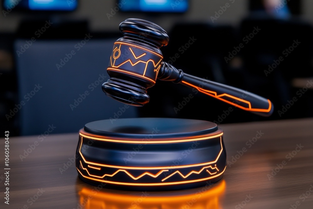 Poster high-tech judgeâ€™s gavel with neon-lit symbols, symbolizing the futuristic and decisive nature of v