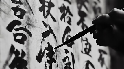 A monochrome image showcasing a hand holding a brush while writing traditional characters on paper.