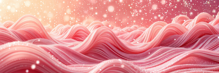 Vibrant and abstract wave-like pattern with a gradient of pink to red hues, set against a softly blurred background that suggests a sky or water.