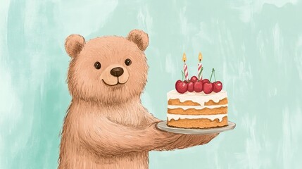 Sweet illustration of bear holding cherry cake, perfect for a fun birthday card