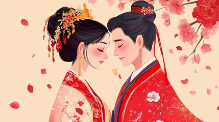 A romantic illustration of a couple in traditional attire surrounded by cherry blossoms.