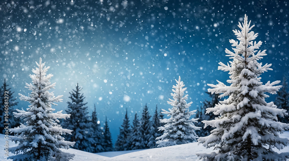 Poster gradient blue background with snowy fir trees and sparkling snowflakes for a festive look