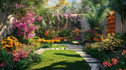 Obraz premium Vibrant backyard with a mix of flowers and greenery, perfect for outdoor relaxation