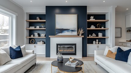 Fototapeta premium Modern living room with a fireplace featuring, Beautiful living room