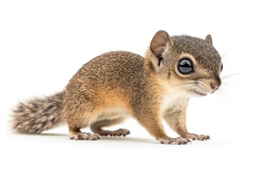 Obraz premium the beside view baby Flying squirrel standing, left side view, low angle, white copy space on right, Isolated on White Background