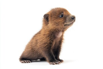 Fototapeta premium the beside view baby Beaver standing, left side view, low angle, white copy space on right, Isolated on White Background