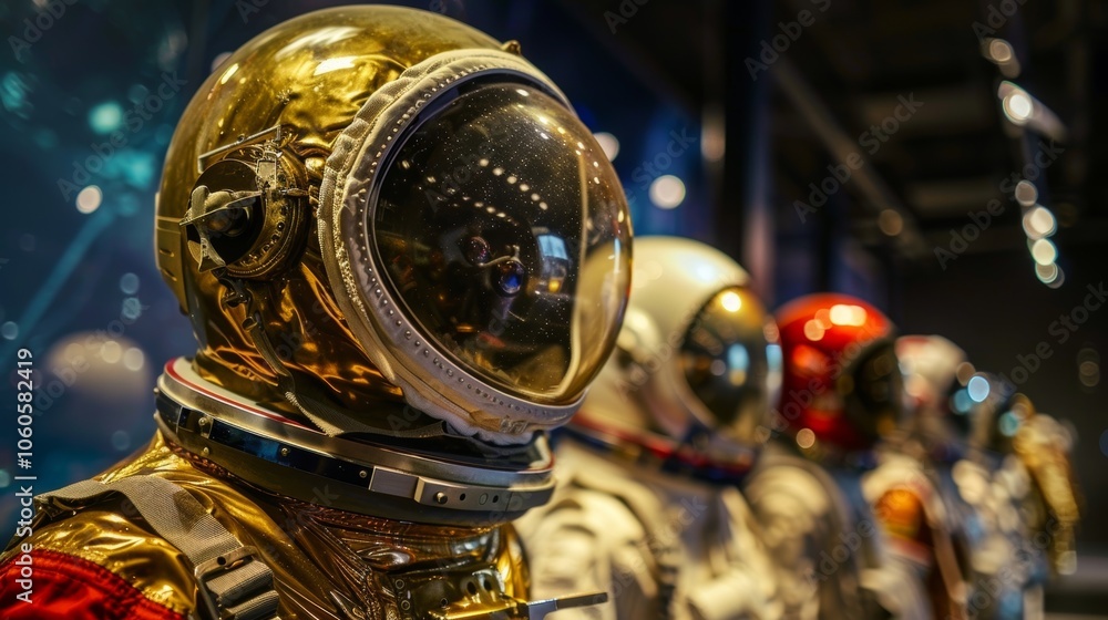 Aufkleber a display featuring different types of space suits used by astronauts throughout history.