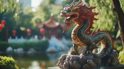 Obraz premium A vibrant dragon statue nestled in a tranquil garden scene with a pond and traditional architecture in the background.